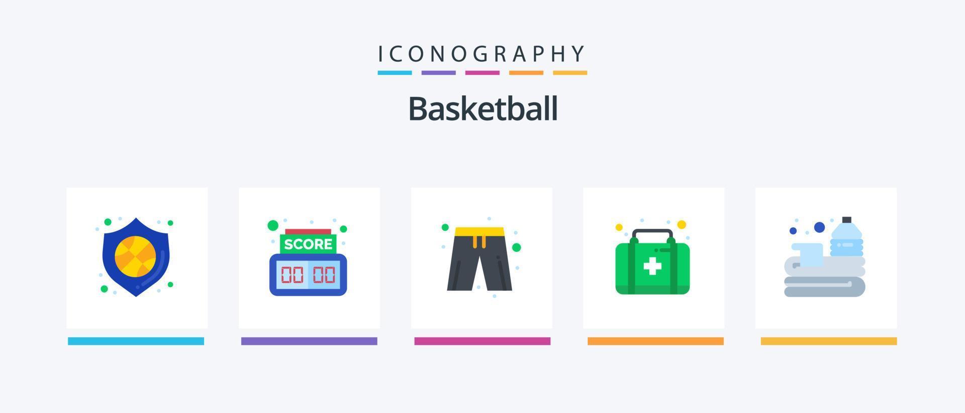 basketboll platt 5 ikon packa Inklusive spel. korg. kläder. boll. utrustning. kreativ ikoner design vektor