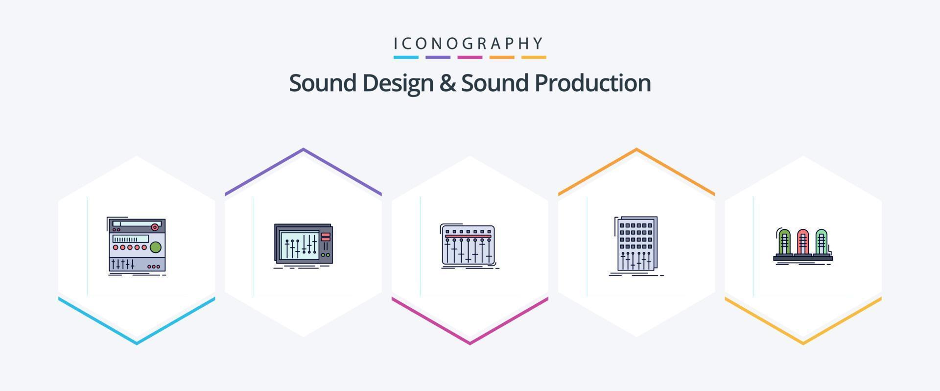 ljud design och ljud produktion 25 fylld linje ikon packa Inklusive lampa. förstärkare. musik. studio. blanda vektor