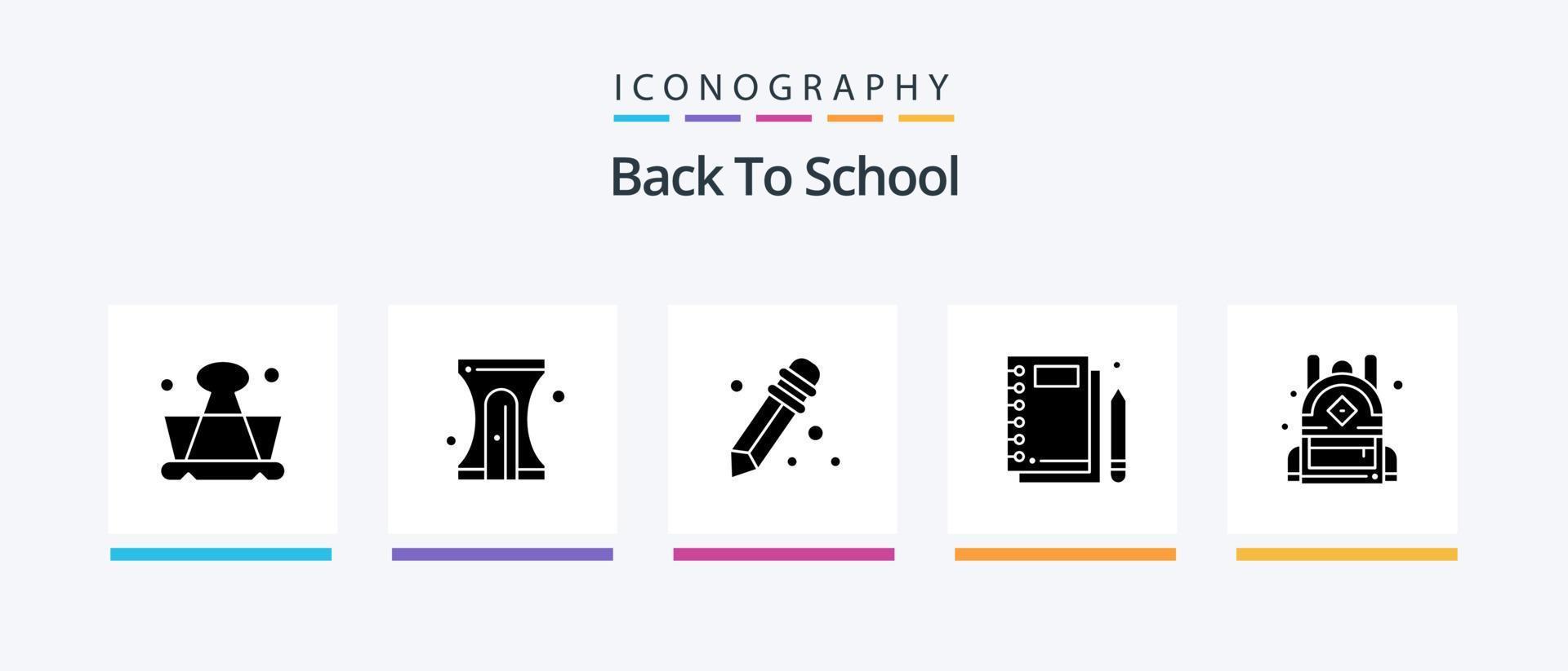 Back to School Glyph 5 Icon Pack inklusive Schule. Tasche. Bleistift. Schreiben. Notizblock. kreatives Symboldesign vektor