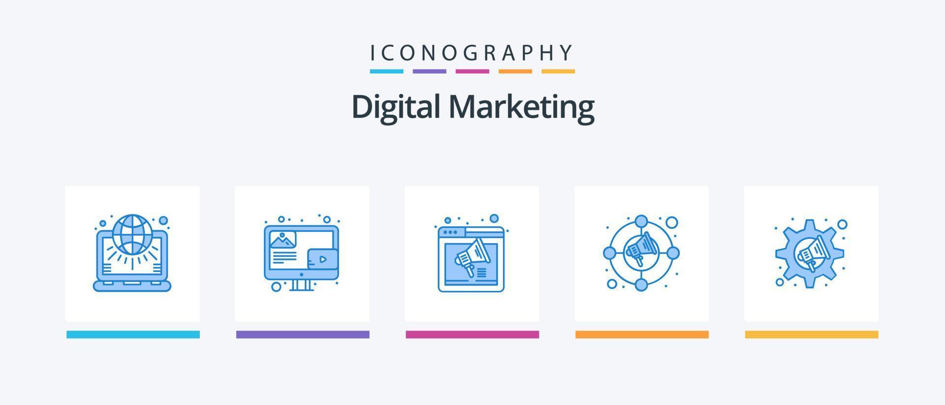 digital marknadsföring blå 5 ikon packa Inklusive marknadsföring. öka. skärm. cirkel. högtalare. kreativ ikoner design vektor