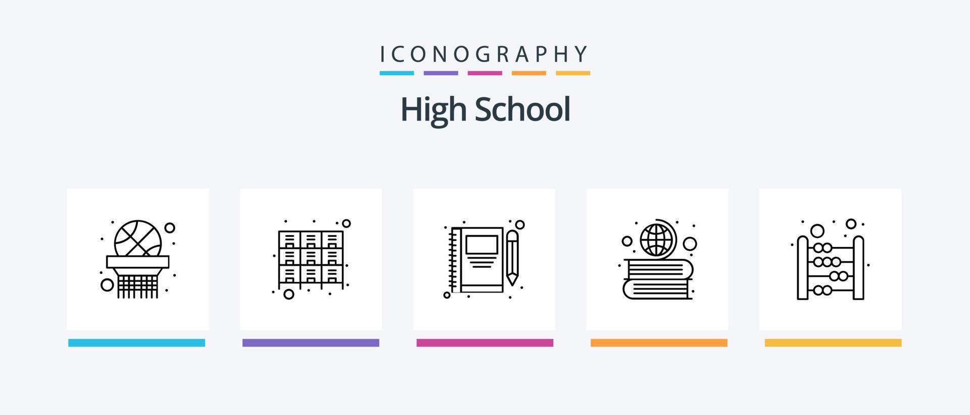 hög skola linje 5 ikon packa Inklusive presentation. tabell. atom. interiör. böcker. kreativ ikoner design vektor