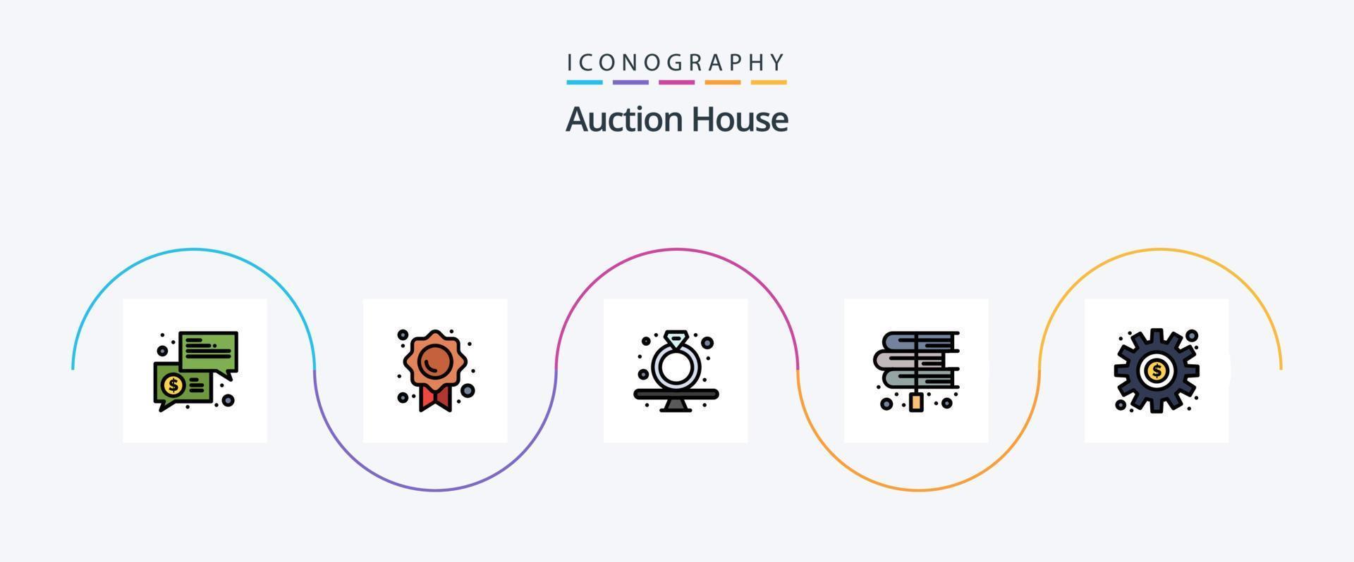 auktion linje fylld platt 5 ikon packa Inklusive lag. böcker. märke. bok. ringa vektor