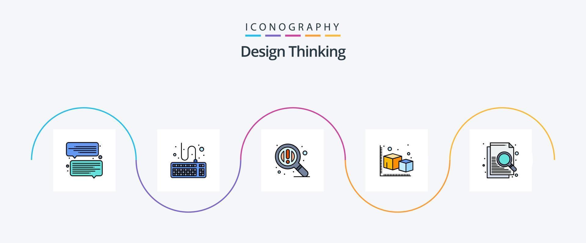 design tänkande linje fylld platt 5 ikon packa Inklusive Sök. dokumentera. Sök. objekt. kub vektor