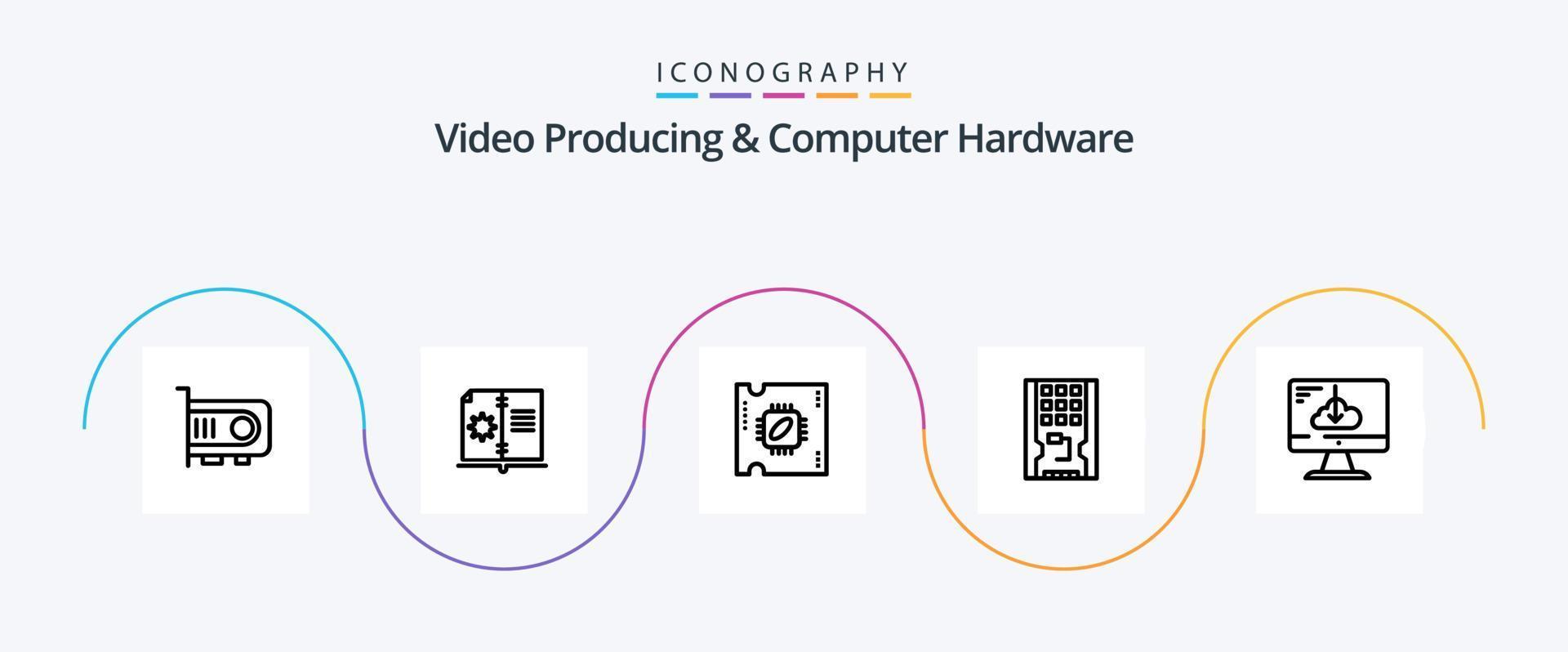 Videoproduktion und Computerhardware Line 5 Icon Pack inklusive Cloud. solide. Zentralprozessor. Hardware. Scheibe vektor