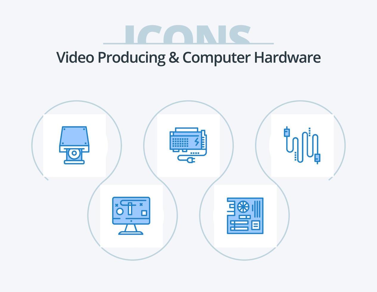 video producerar och dator hårdvara blå ikon packa 5 ikon design. källa. dator. mor. batteri. disk rom vektor