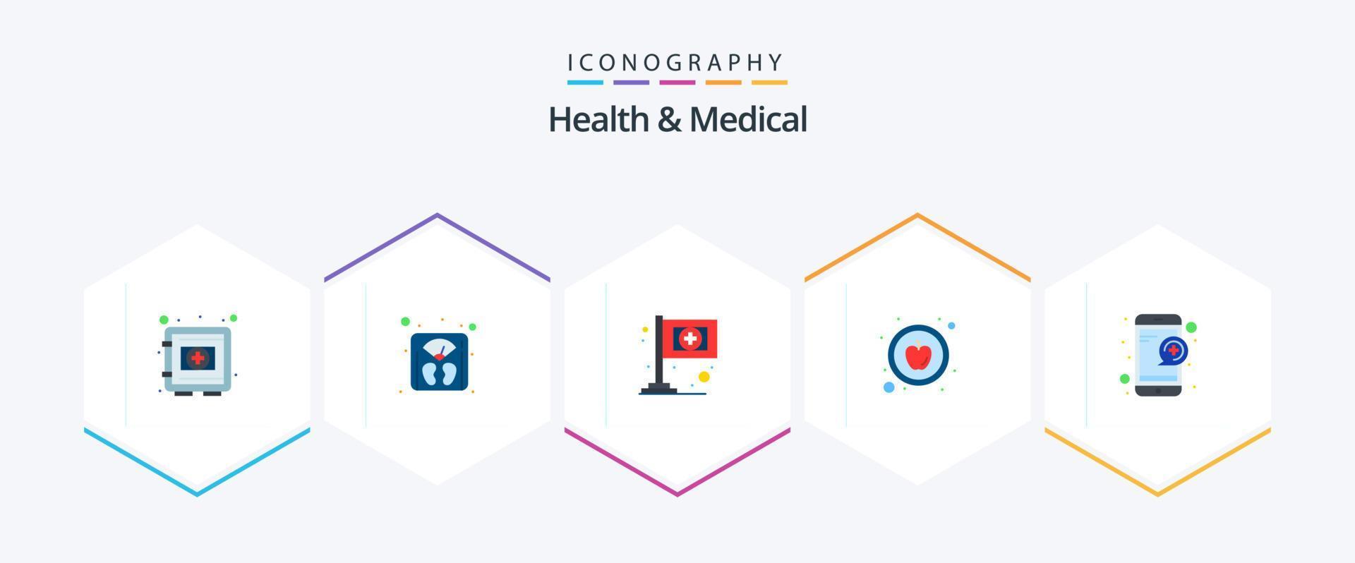 hälsa och medicinsk 25 platt ikon packa Inklusive fråga. medicinsk. maskin. friska. äpple vektor