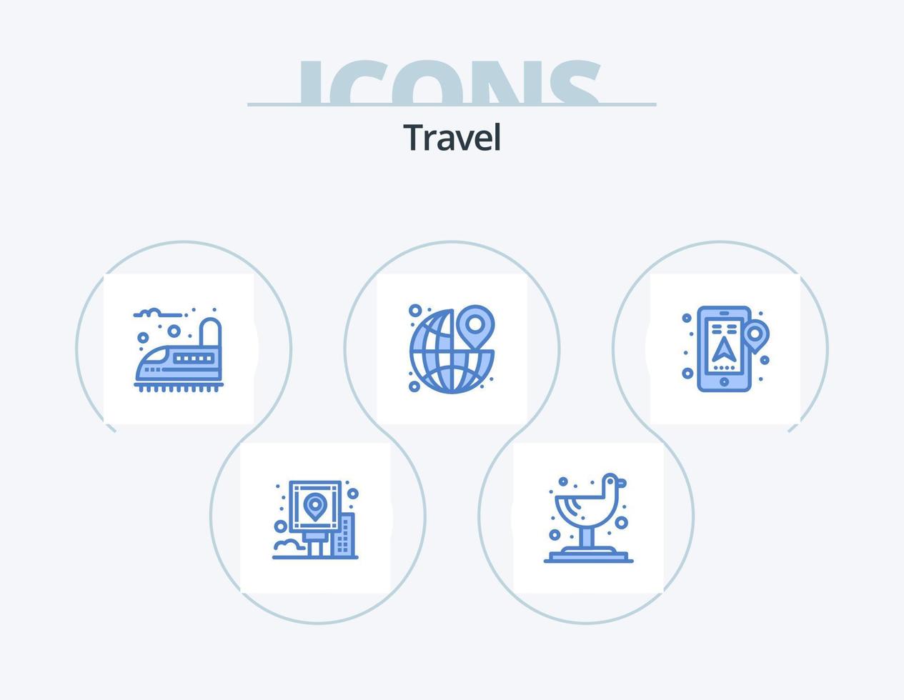 Reisen blau Icon Pack 5 Icon Design. GPS. Die. Eisenbahn. Stift. um vektor