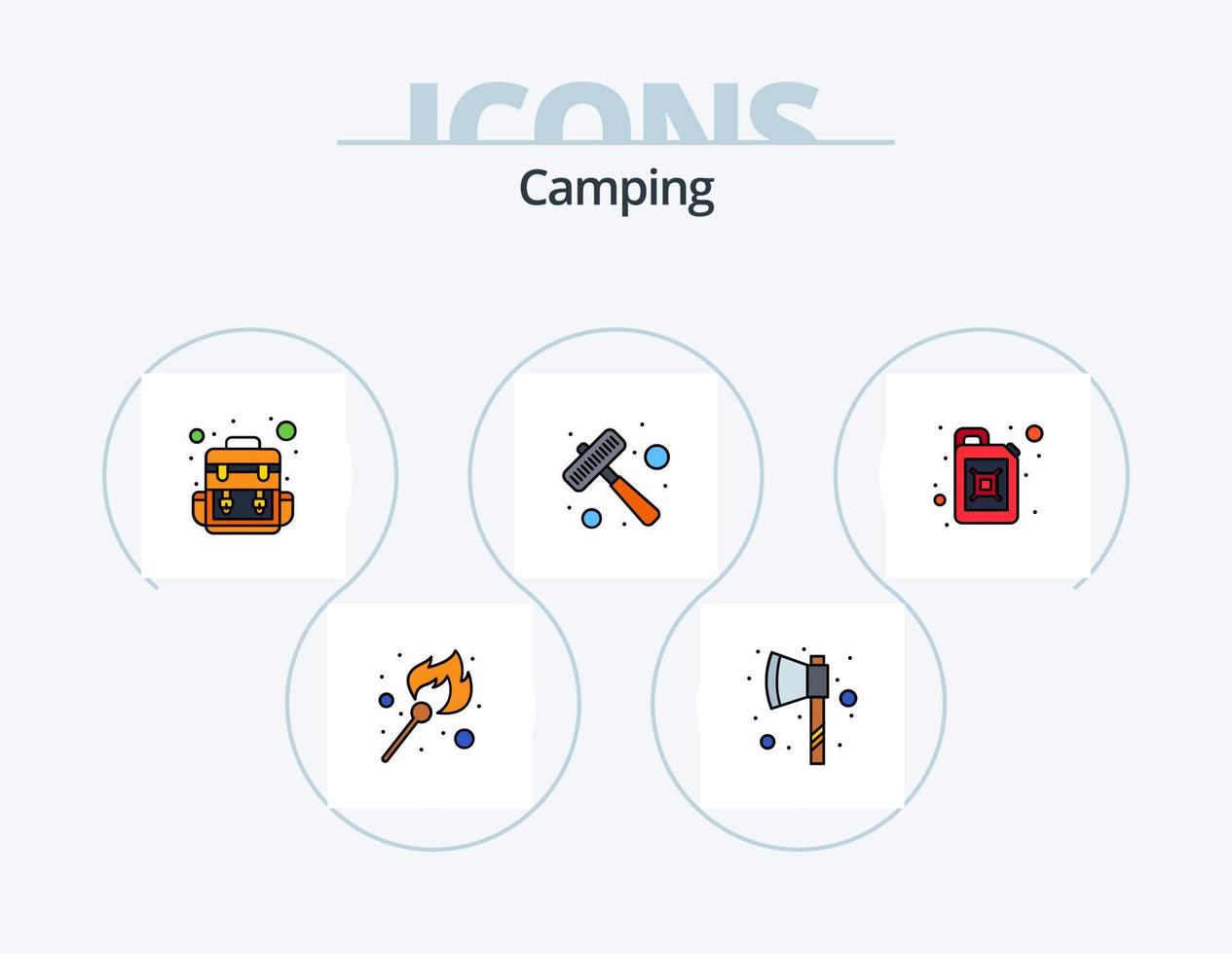 Camping-Linie gefüllt Icon Pack 5 Icon-Design. Tomahawk. Axt. Knoten. Einzeigeruhr. Zeit vektor