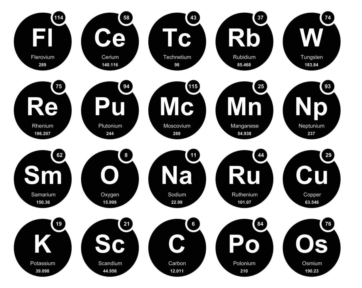 20 prejodisk tabell av de element ikon packa design vektor