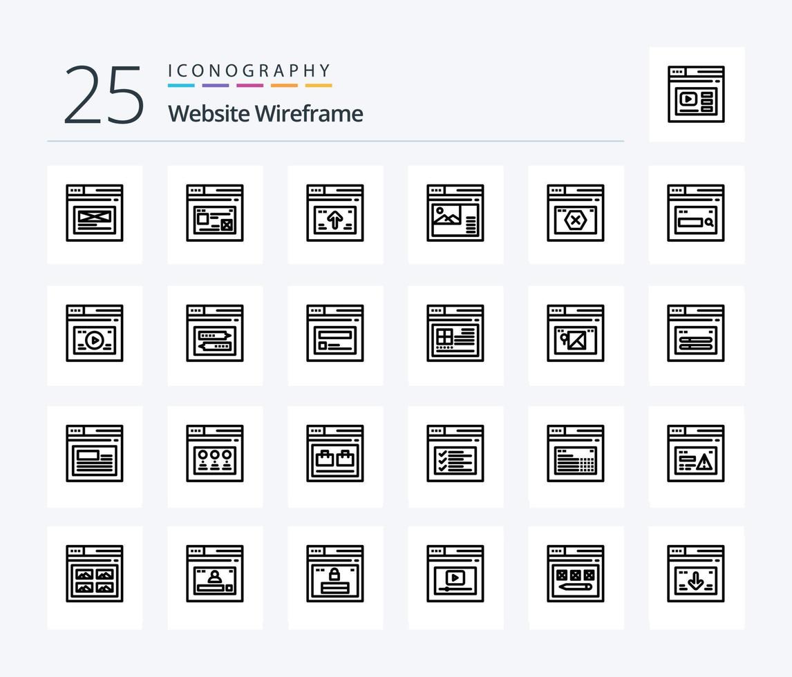 Website-Wireframe-Icon-Pack mit 25 Zeilen, einschließlich Web. Internet. Webseite. Galerie. Netz vektor