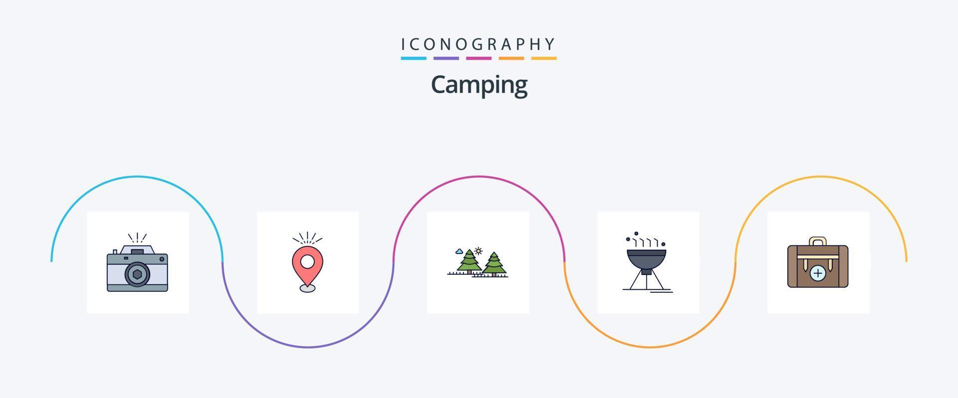 Camping-Linie gefülltes flaches 5-Icon-Paket inklusive Essen. grillen. Urlaub. Kiefern. Dschungel vektor