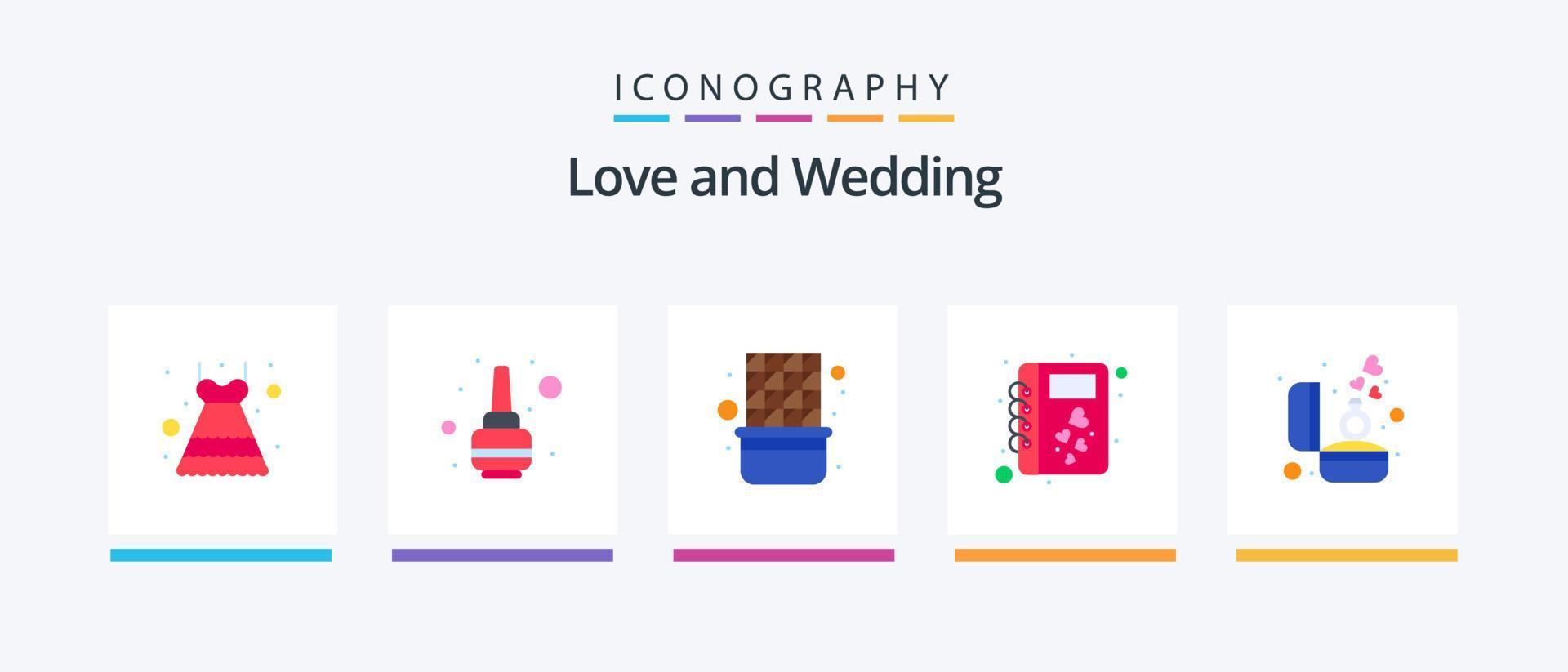 bröllop platt 5 ikon packa Inklusive diamant. romantik. choklad. kärlek. bok. kreativ ikoner design vektor