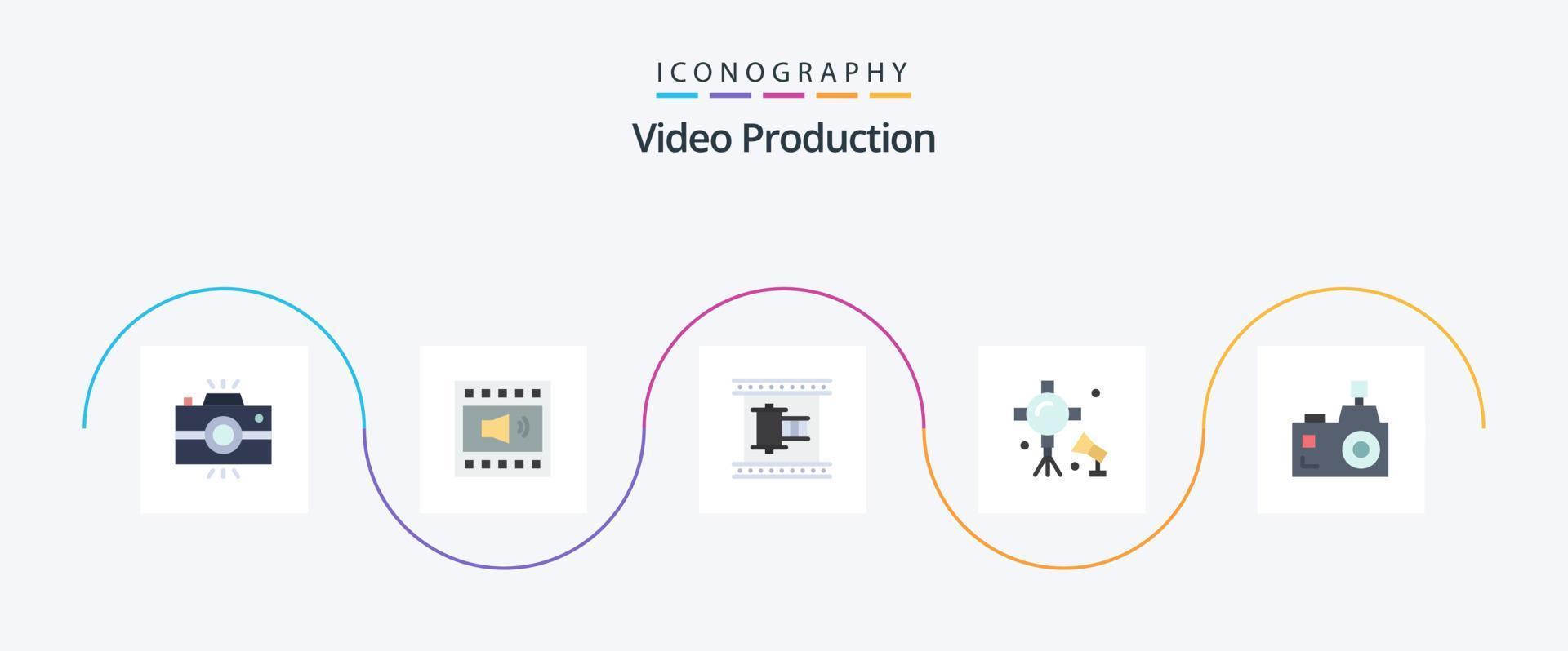 Videoproduktion Flat 5 Icon Pack inklusive Spotlight. Erleuchtung. Lautsprecher. Filmstreifen. Filmstreifen vektor