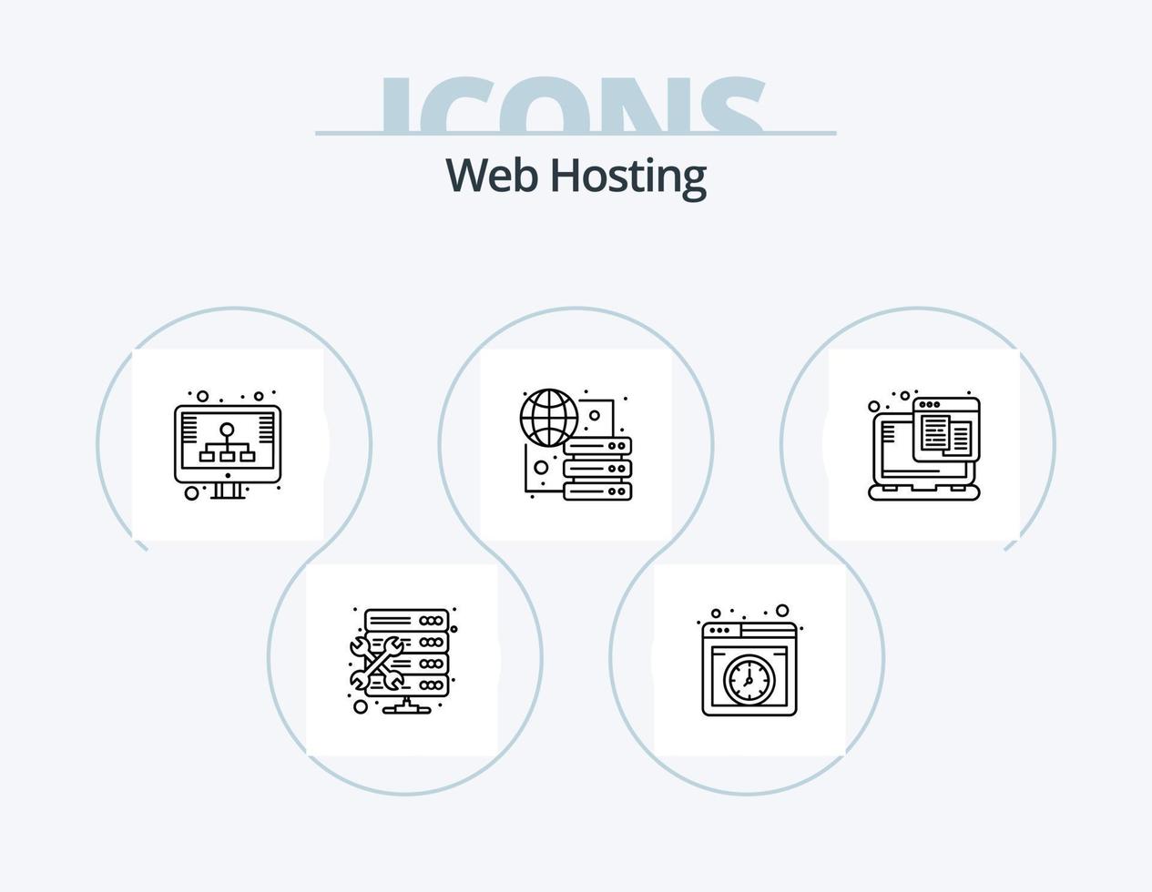 Webhosting-Line-Icon-Pack 5 Icon-Design. Analyse. Wartung. Datenbank. Bewirtung. Netz vektor