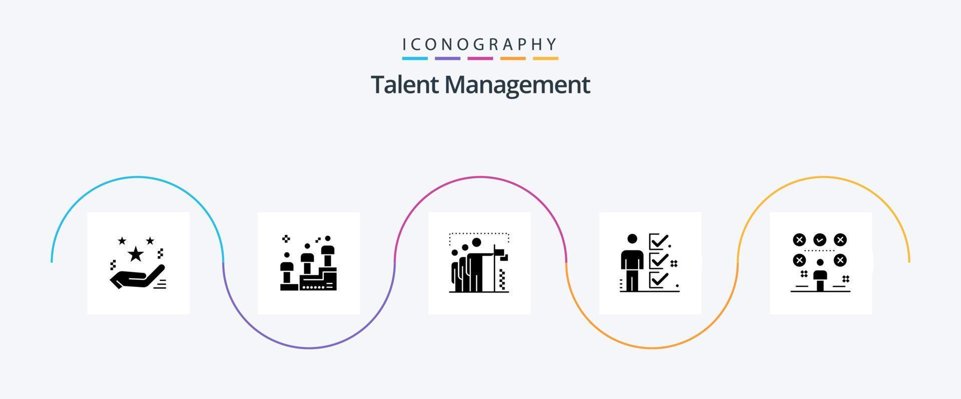 Talent Management Glyphe 5 Icon Pack inklusive Häkchen. Arbeit. Mann. Checkliste. Gruppe vektor