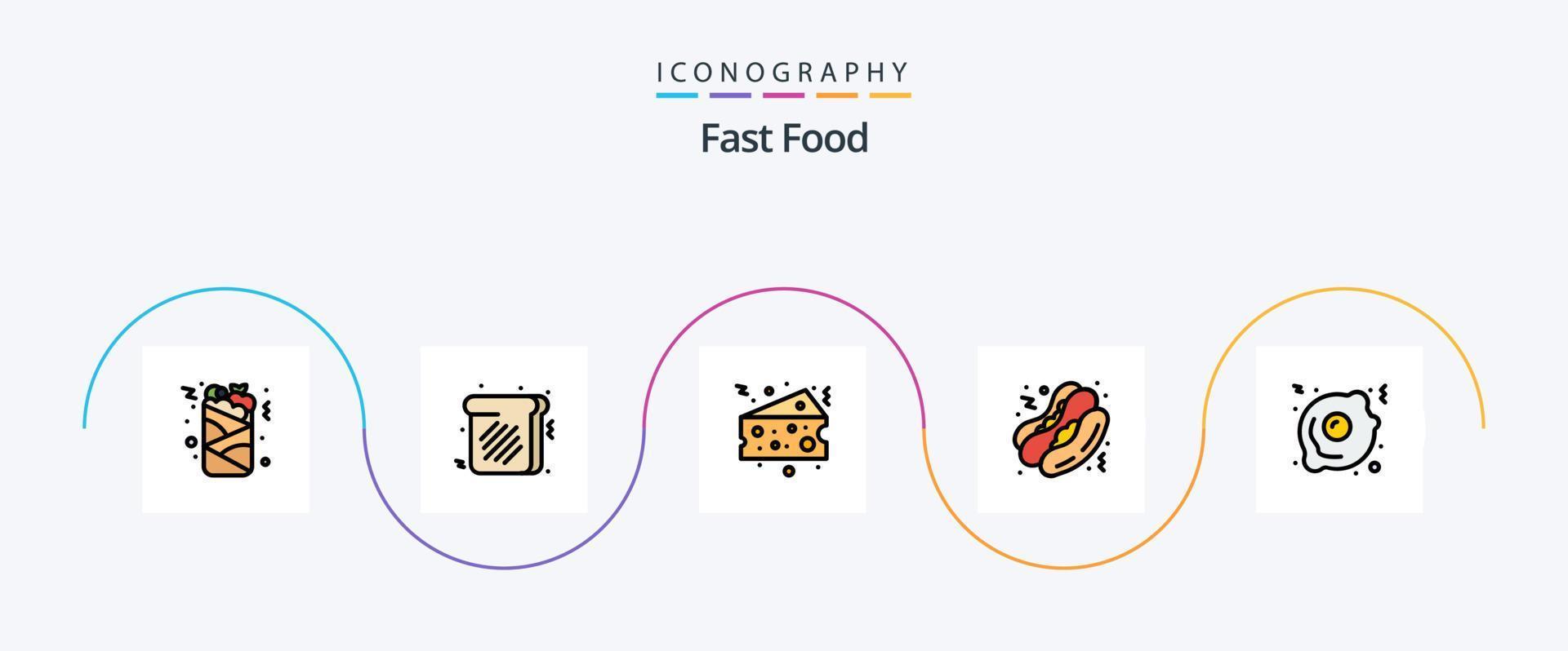 snabb mat linje fylld platt 5 ikon packa Inklusive . snabb mat. ost. friterad ägg. mat vektor