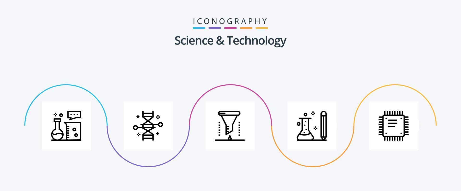 vetenskap och teknologi linje 5 ikon packa Inklusive kunskap. utbildning. genetisk modifiering. tratt. kemisk laboratorium vektor