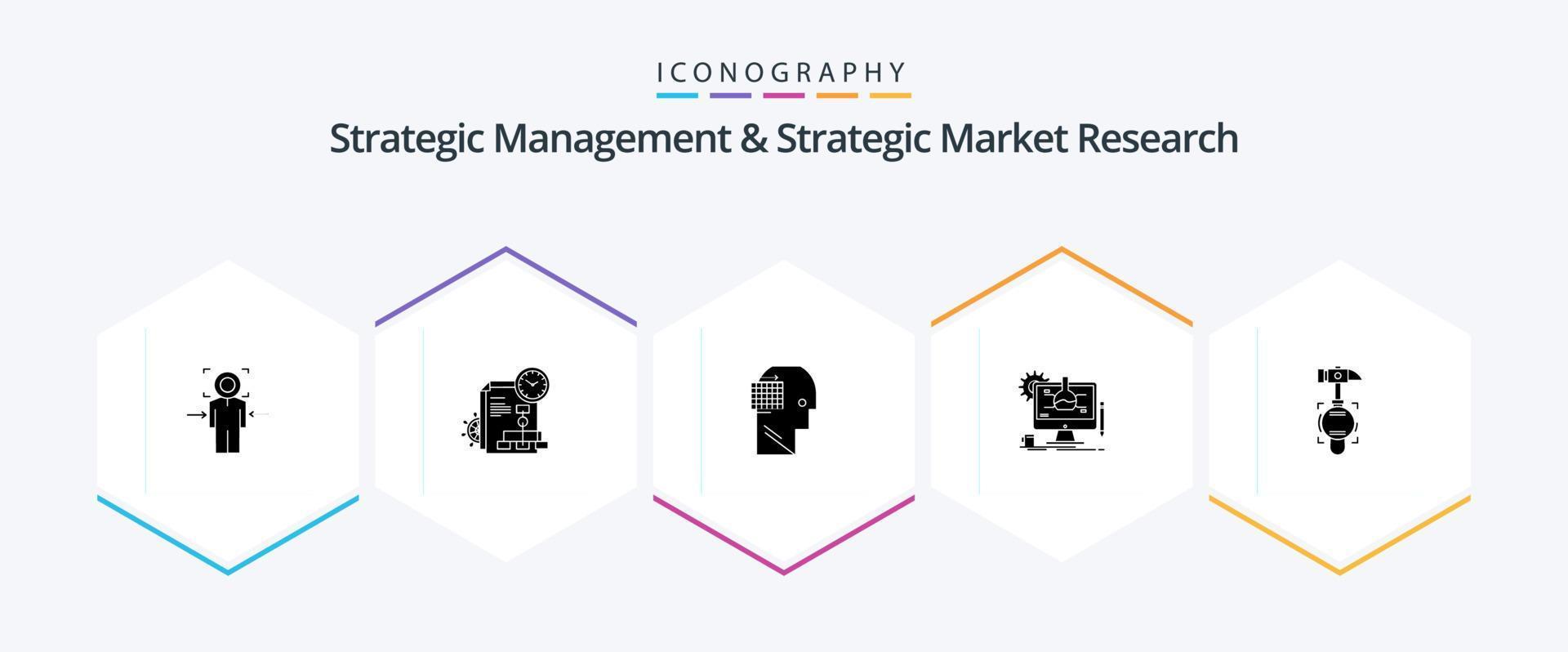 Strategisches Management und strategische Marktforschung 25 Glyphen-Icon-Pack inklusive Hammer. Es. Geschäft. Experiment. Geschäft vektor