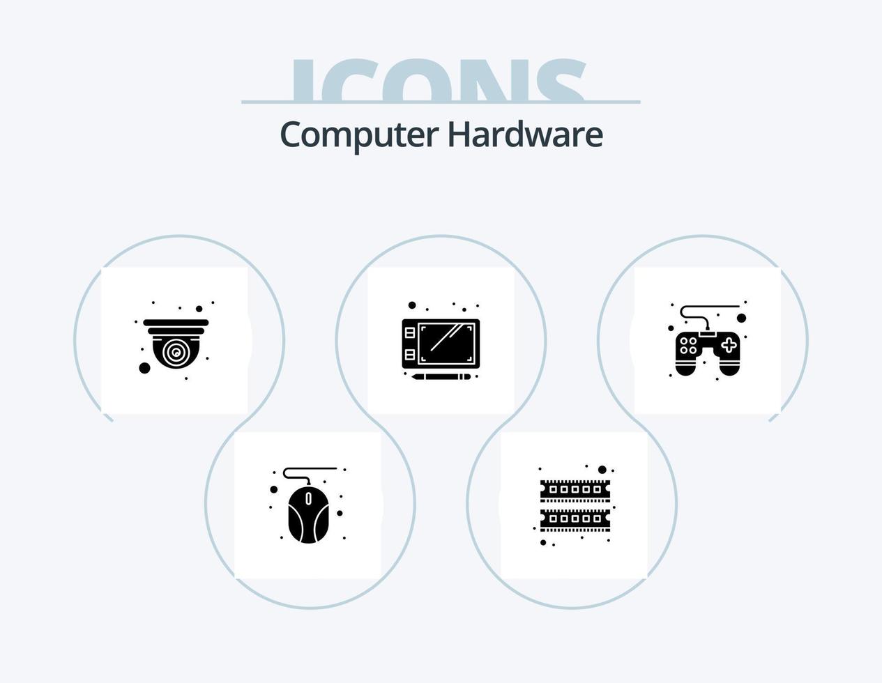 dator hårdvara glyf ikon packa 5 ikon design. . spel vaddera. kamera. kontrollera vaddera. skiss vektor