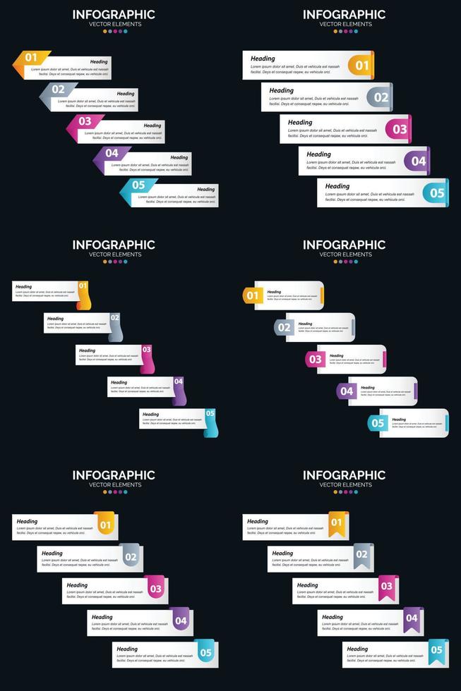 Vektor 6 Infografiken Pack Präsentationsfolie Vorlage 5 Schritte Zyklusdiagramme und Zeitleisten