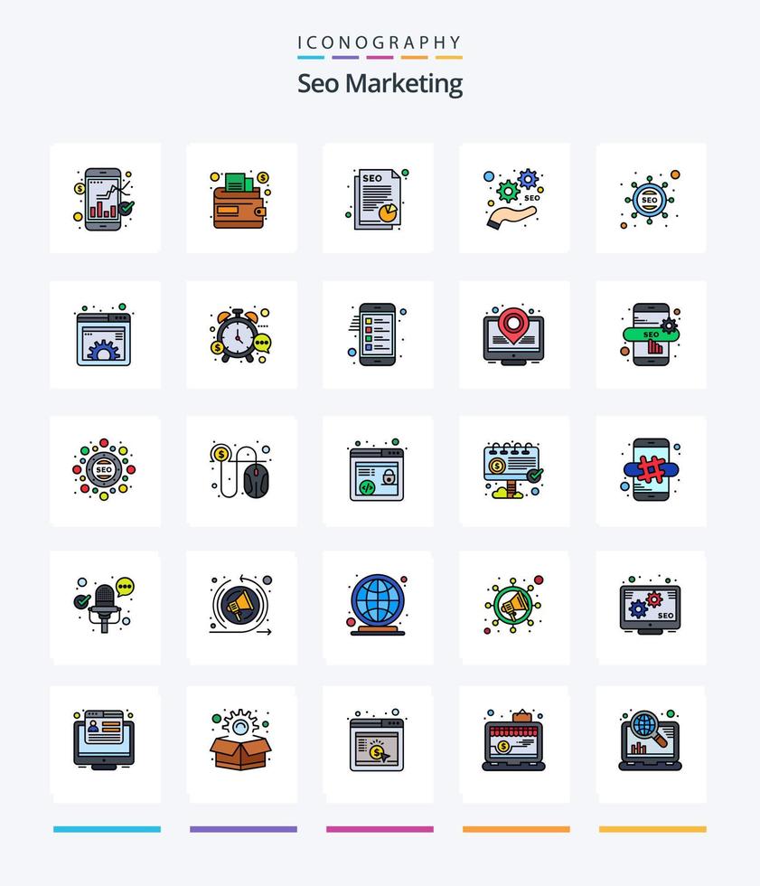 kreatives SEO-Marketing 25 Zeilen gefülltes Icon-Pack wie SEO. Marketing. Papier. optimieren. Marketing vektor