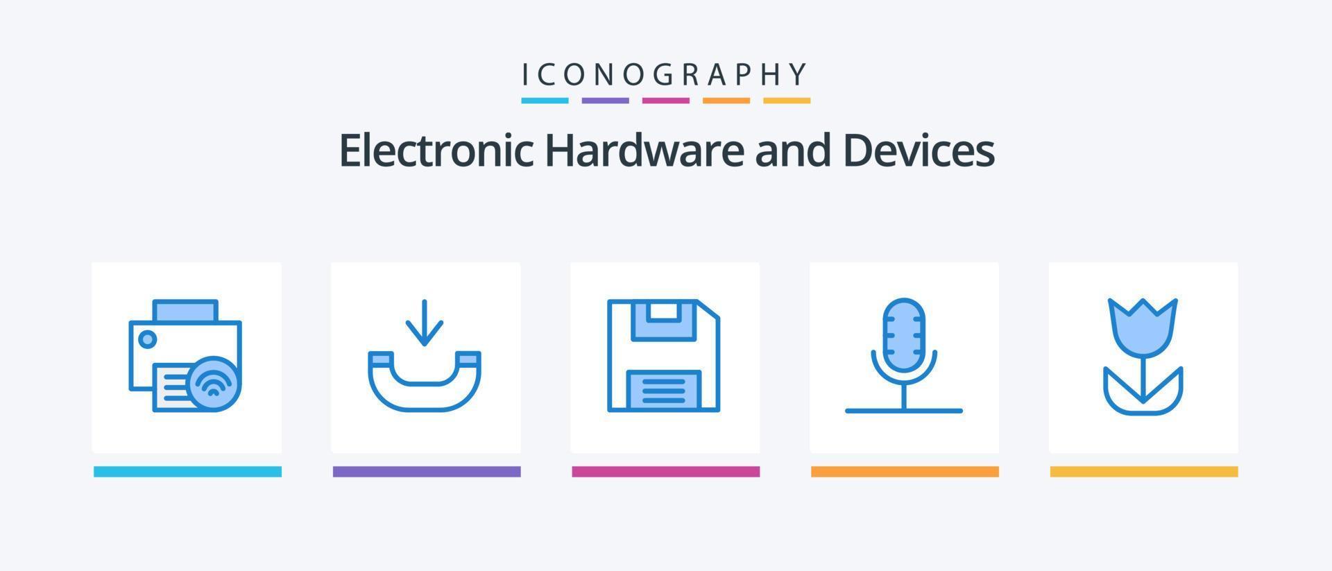 Geräte blau 5 Icon Pack inklusive Blume. aufzeichnen. Diskette. Mikrofon. übertragen. kreatives Symboldesign vektor
