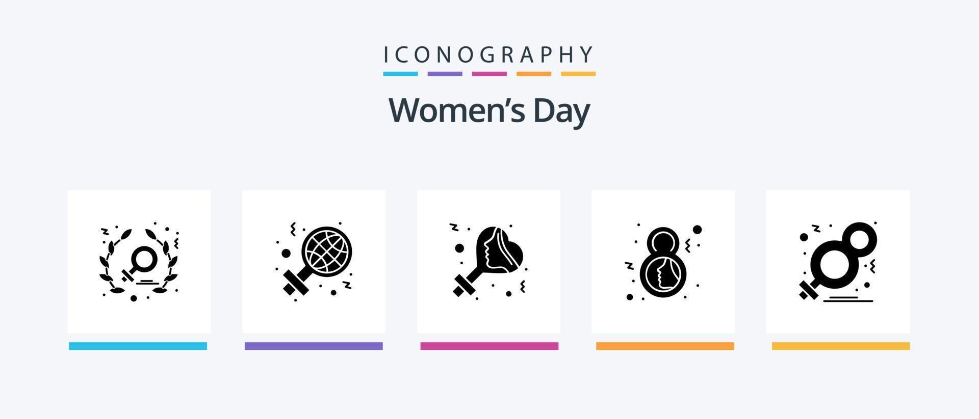 kvinnor dag glyf 5 ikon packa Inklusive åtta. ansikte. tecken. symbol. åtta. kreativ ikoner design vektor
