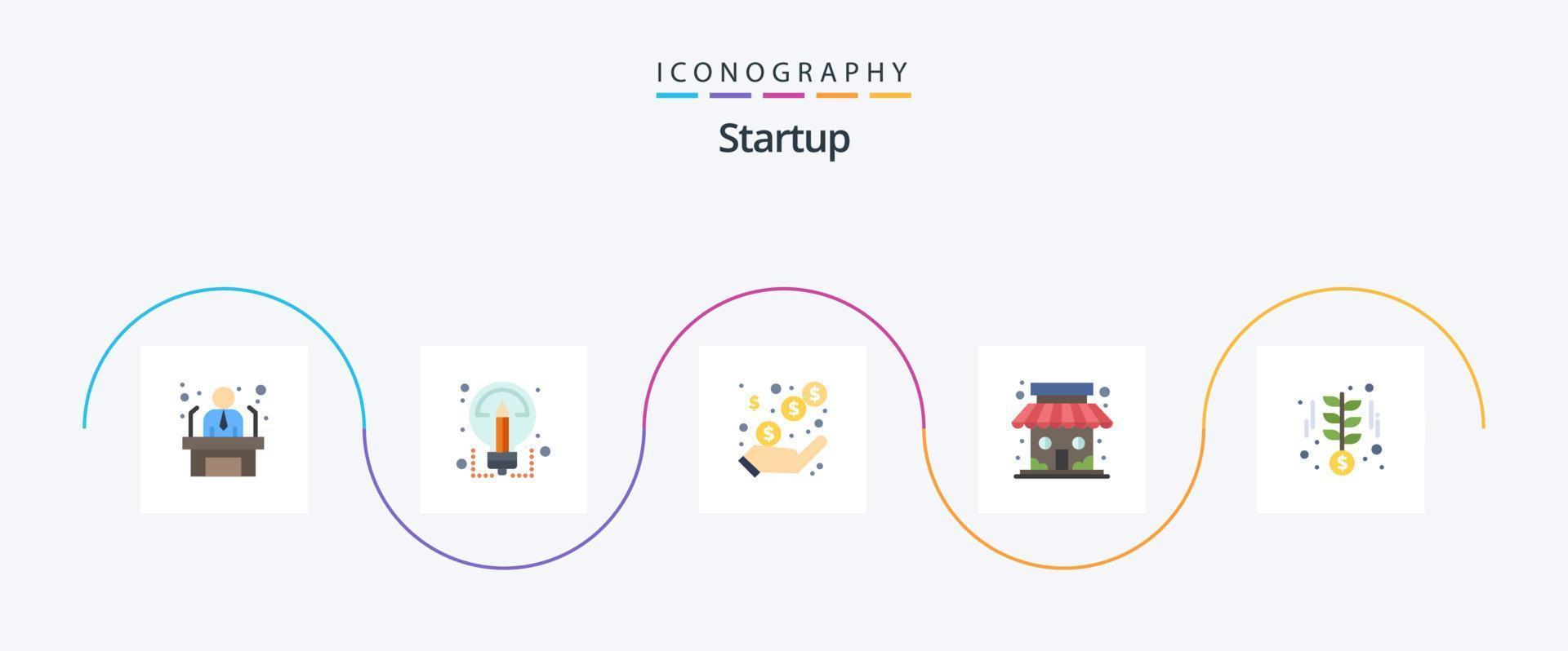 Startup Flat 5 Icon Pack inklusive Investition. speichern. Einkommen. Geschäft. Markt vektor