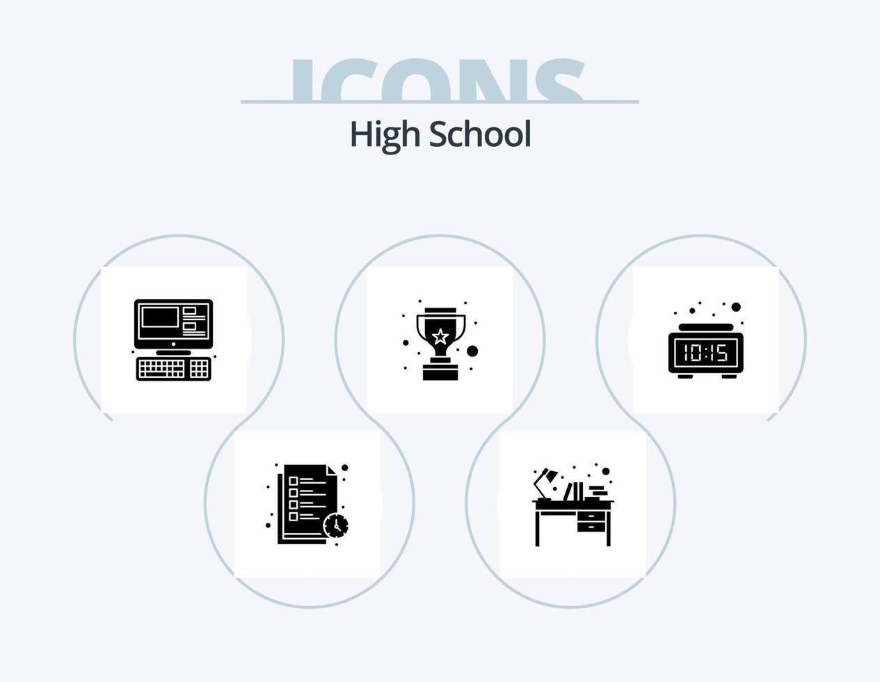 Highschool-Glyphen-Icon-Pack 5-Icon-Design. Alarm. gewinnen. Schreibtisch. Trophäe. Ausbildung vektor