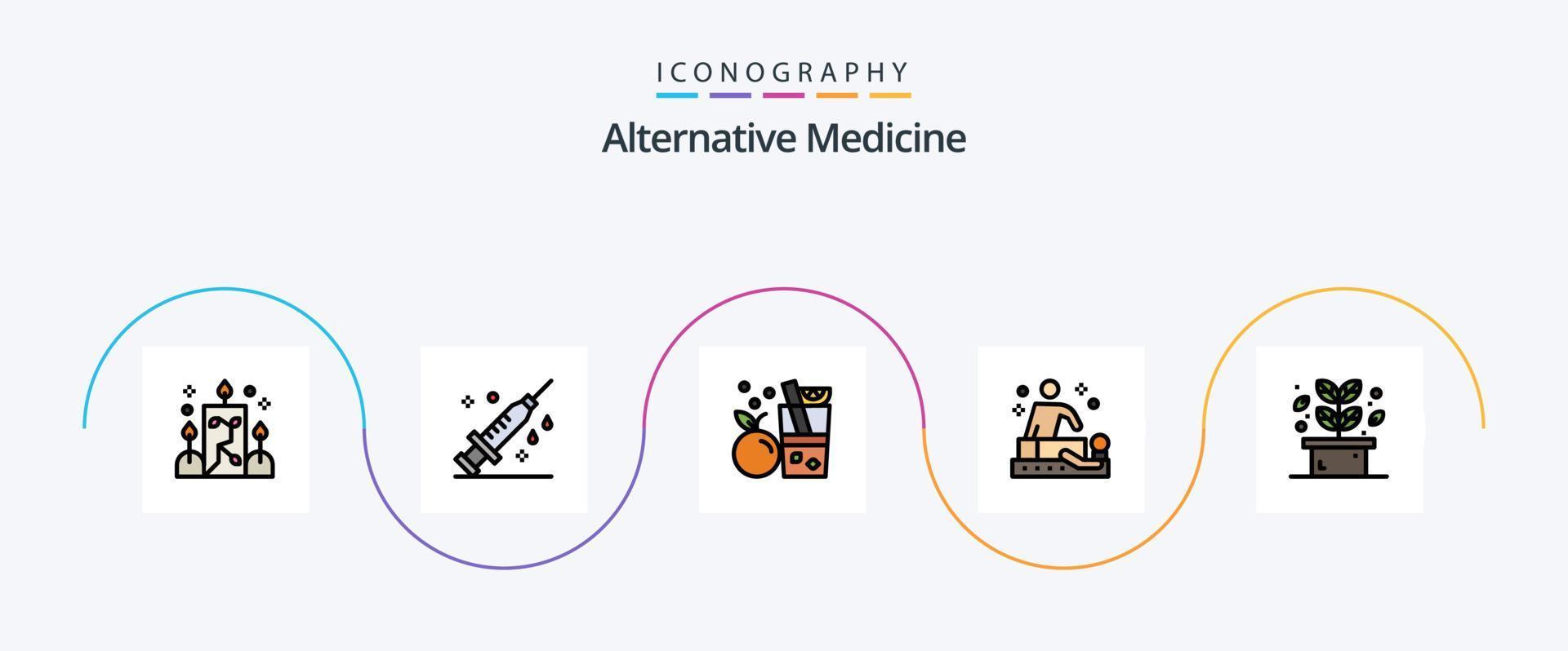 alternativ medicin linje fylld platt 5 ikon packa Inklusive blad. friskvård. dryck. spa. massage vektor