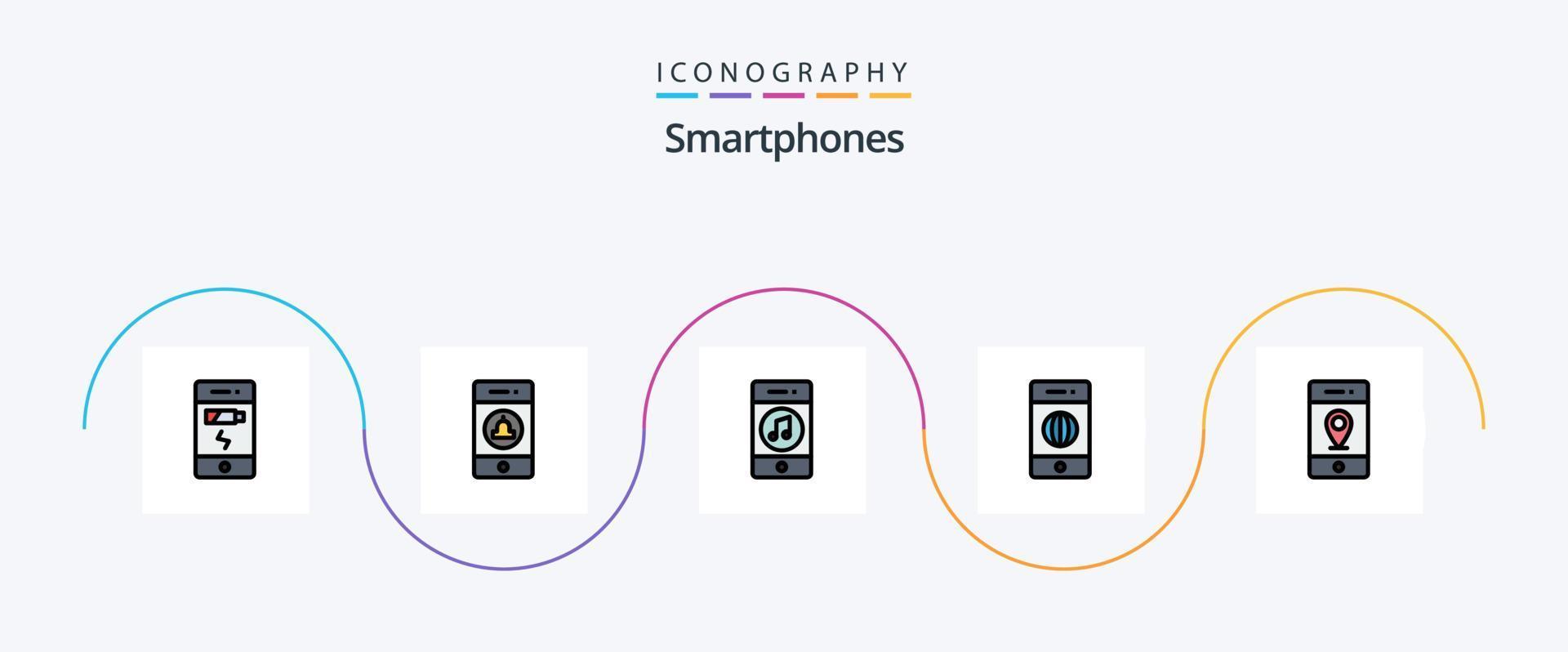 smartphones linje fylld platt 5 ikon packa Inklusive plats. internet. kommunikation. elektronik. social vektor