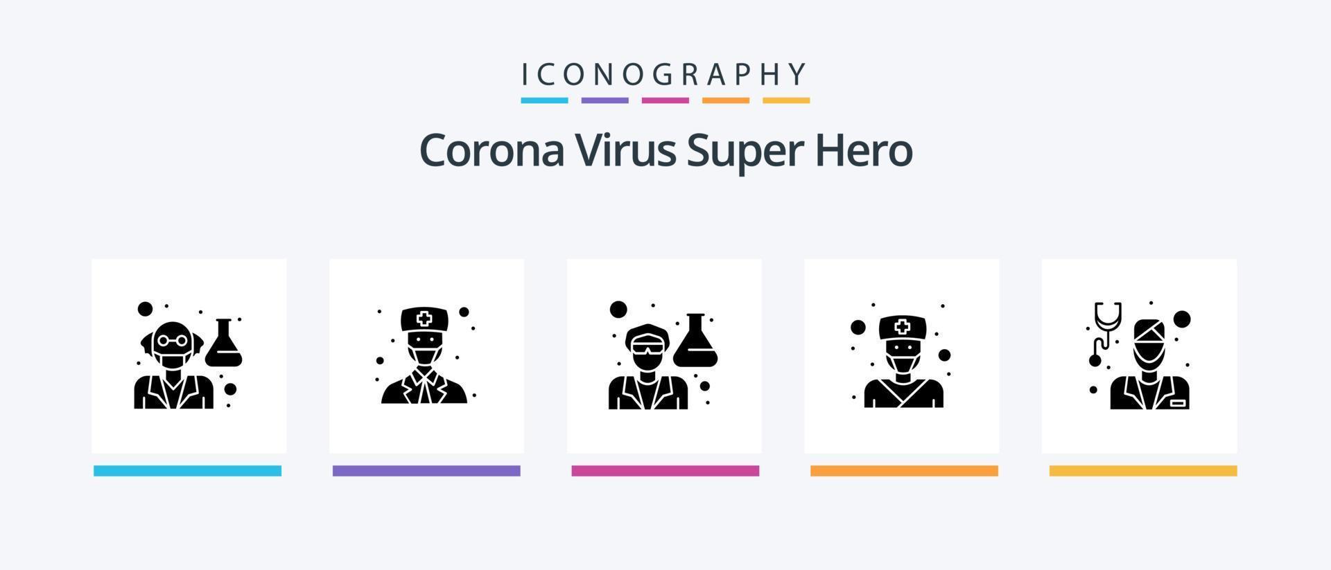 Corona-Virus Superheld Glyphe 5 Icon Pack inklusive Gesicht. Pflege. Arzt. Krankenschwester. Arzt. kreatives Symboldesign vektor