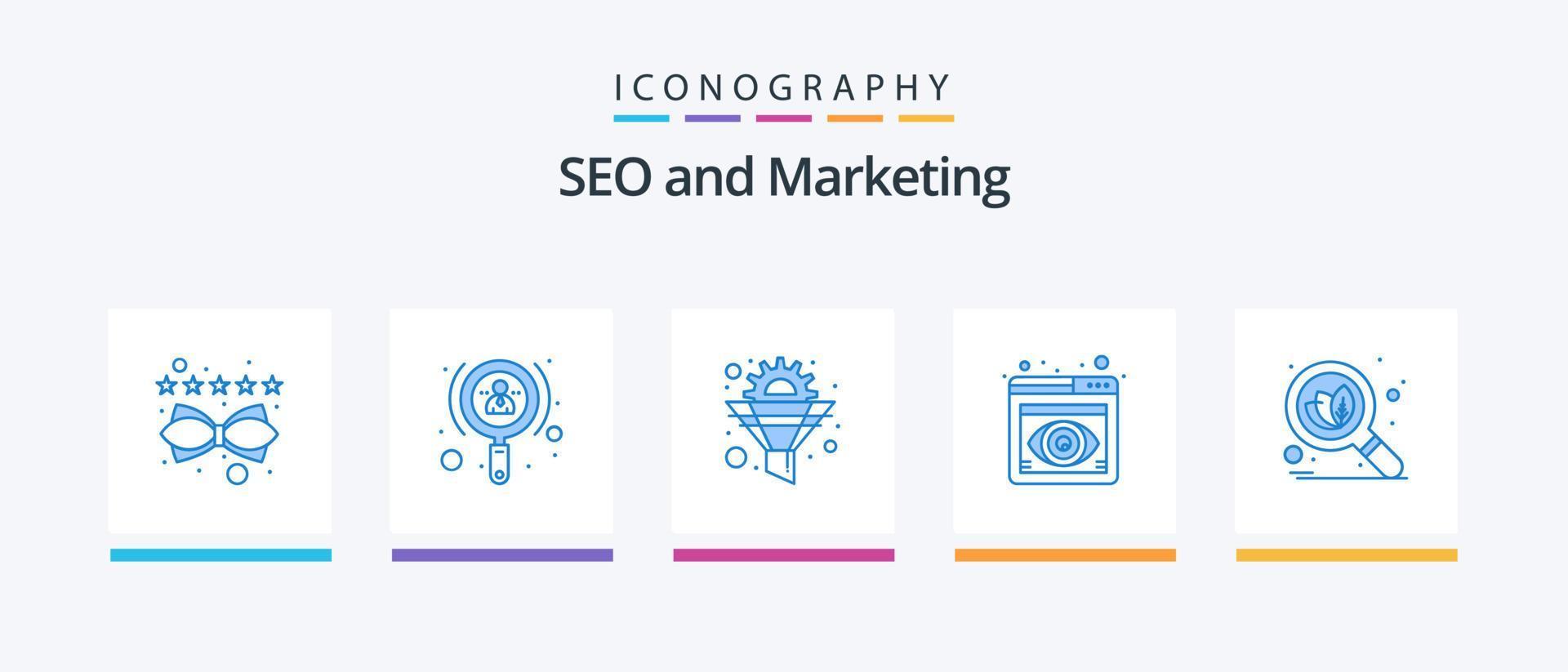 seo blå 5 ikon packa Inklusive organisk. se. kugge. fokus. optimering. kreativ ikoner design vektor