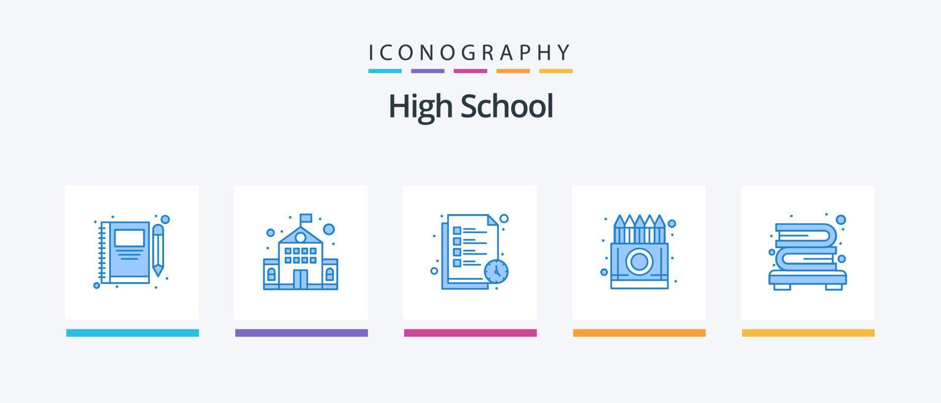 hög skola blå 5 ikon packa Inklusive bokhylla. teckning. läsning tid. kritor. låda. kreativ ikoner design vektor