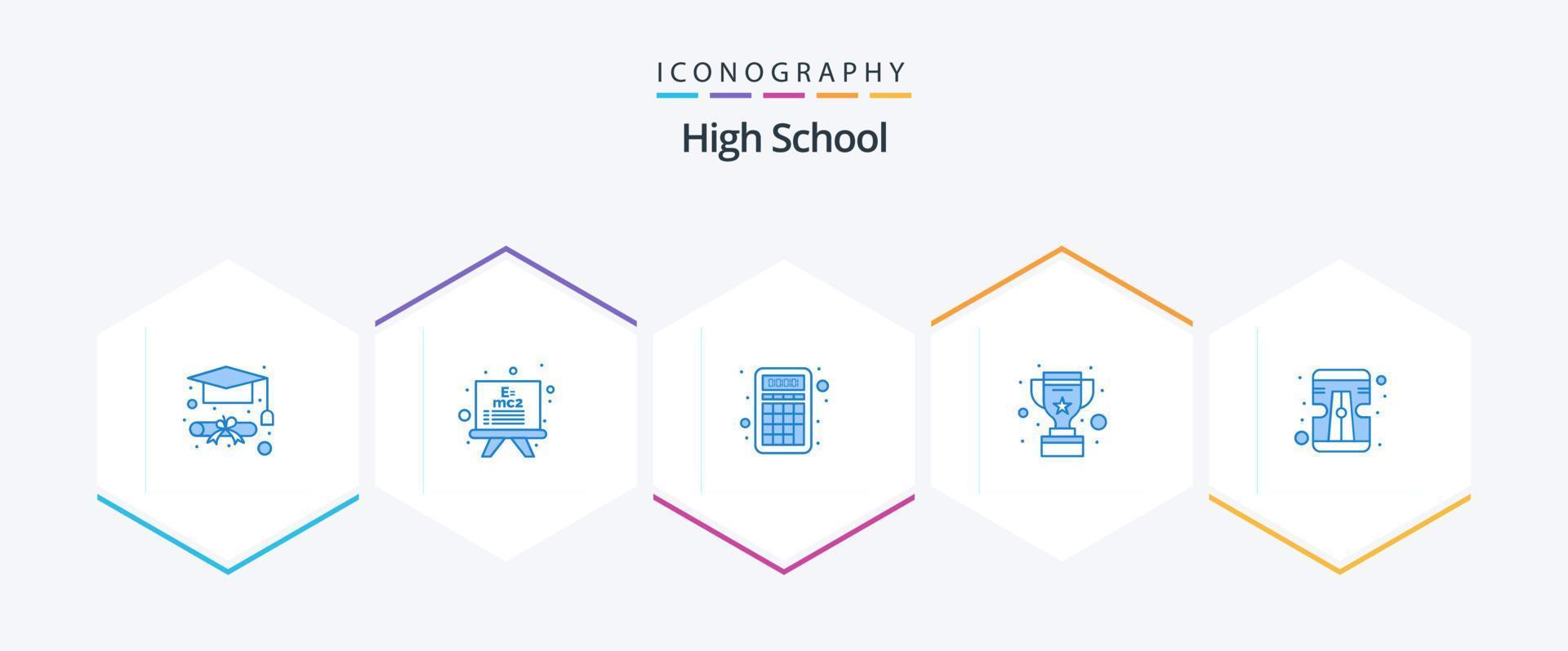 High School 25 blaues Icon-Paket inklusive . Anspitzer. Mathematik. Bleistift. gewinnen vektor