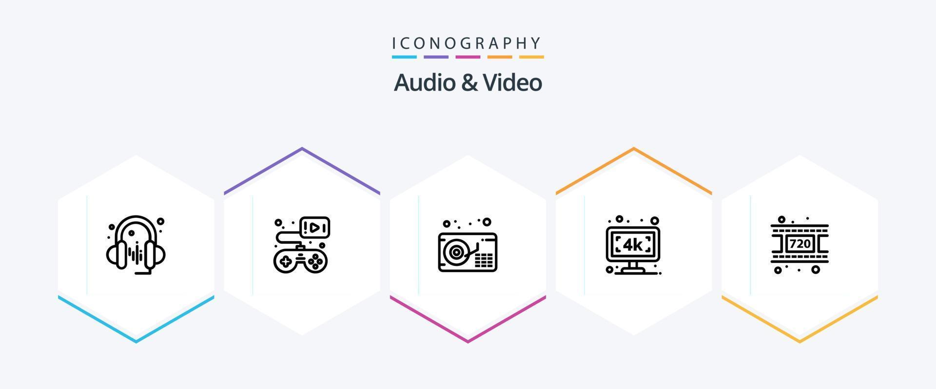 audio och video 25 linje ikon packa Inklusive . rulle. grammofon. film. tv vektor