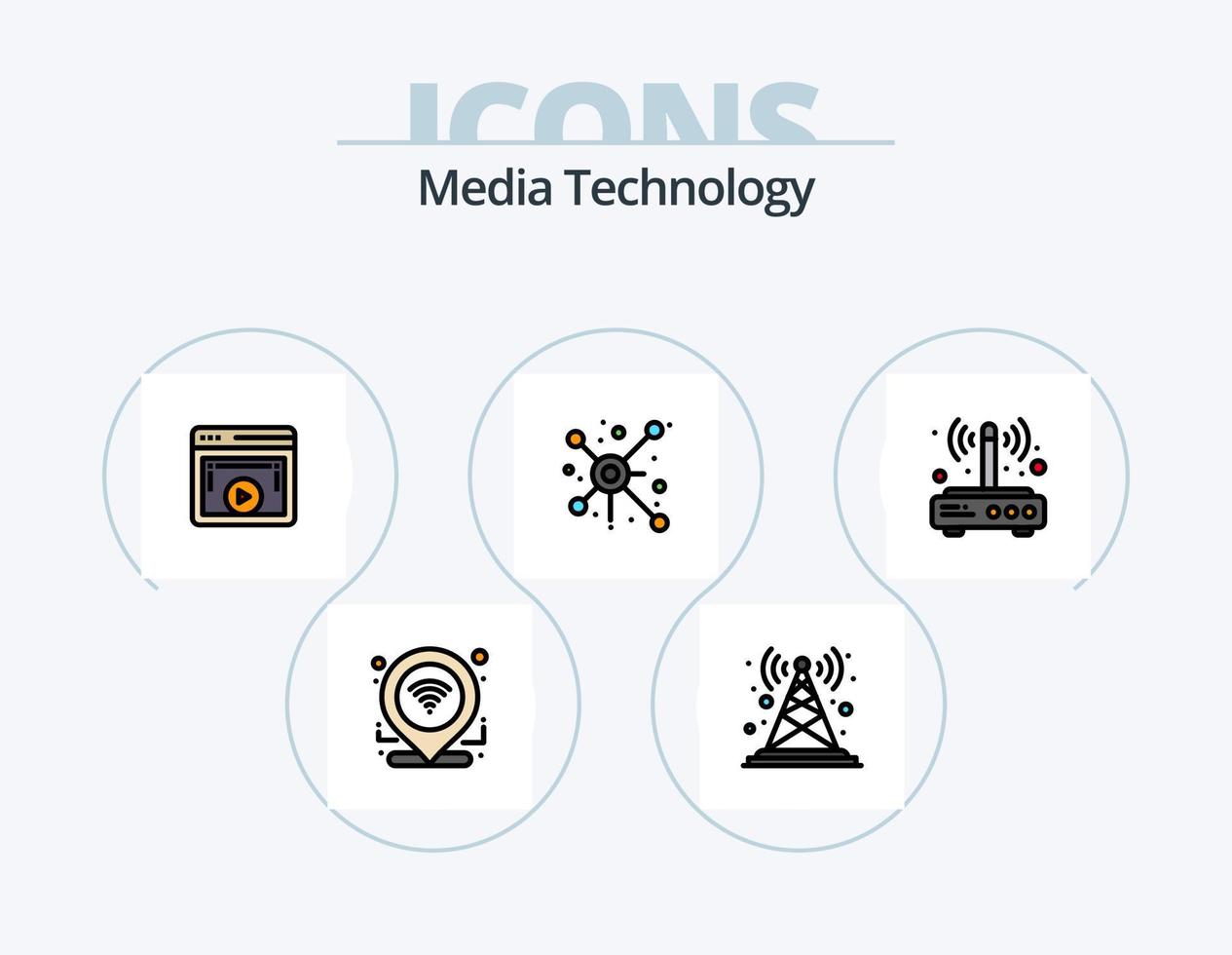 media teknologi linje fylld ikon packa 5 ikon design. app. plats. radio antenn. gps. mapp vektor