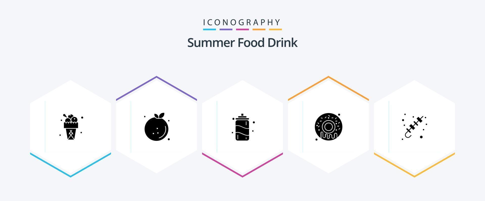 Summer Food Drink 25 Glyphen-Icon-Pack inklusive Brochette. Grill. orange. Krapfen. Essen vektor