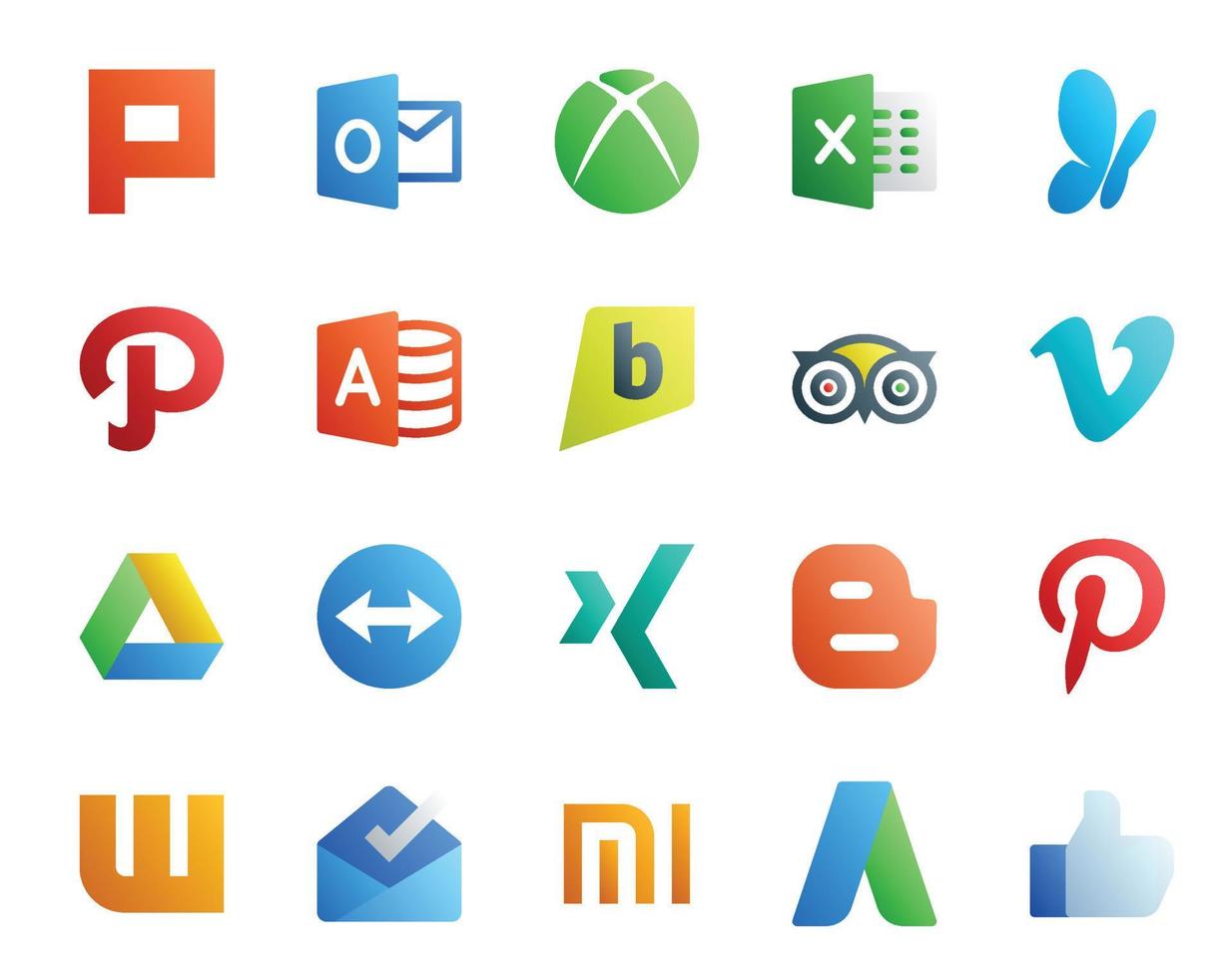 20 Social Media Icon Pack inklusive Wattpad Blogger TripAdvisor Xing Google Drive vektor