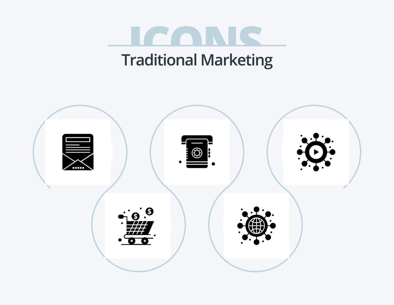 traditionelles Marketing-Glyphen-Icon-Pack 5-Icon-Design. viral. Netzwerk. Newsletter. Liste. Buch vektor