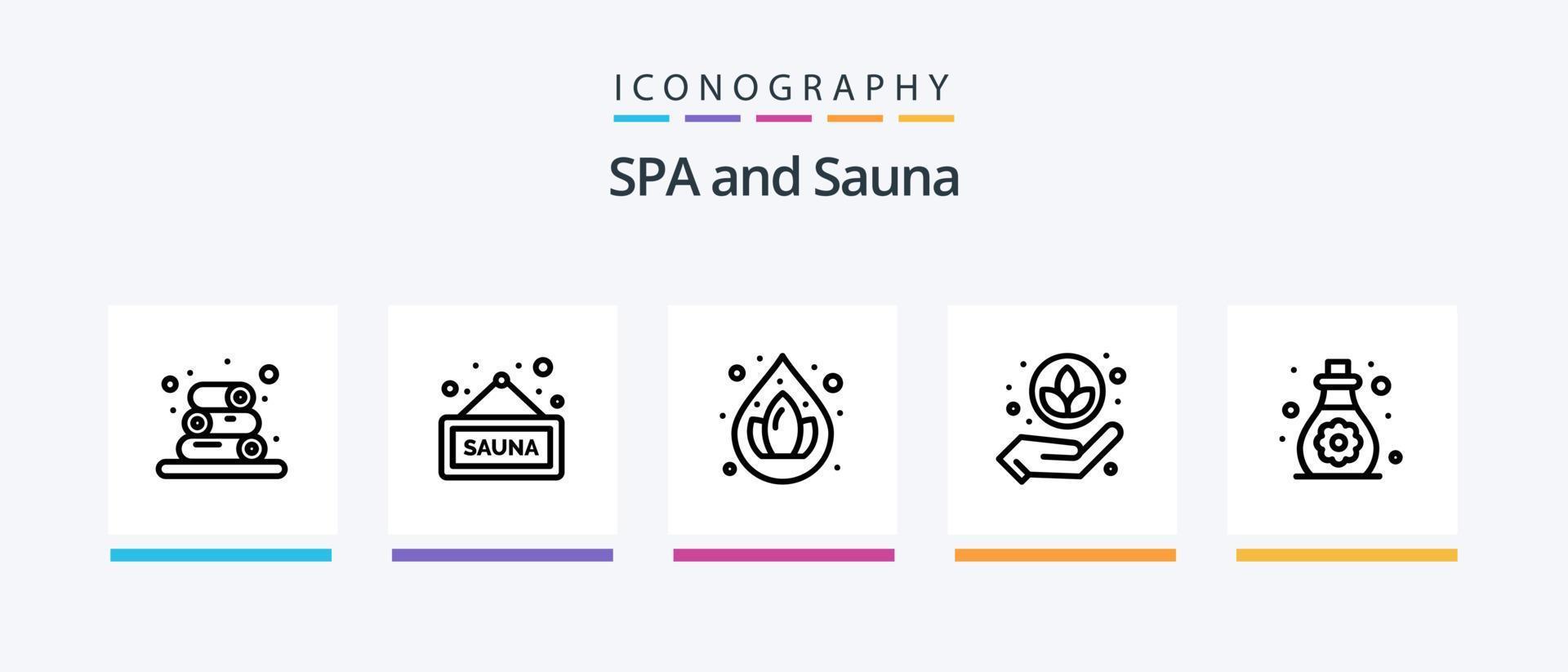 Sauna Line 5 Icon Pack inklusive . Seife. betrachten. Lotus. kreatives Symboldesign vektor