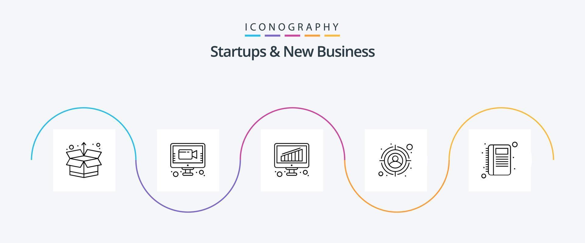 Startups und New Business Line 5 Icon Pack inklusive Aufzeichnungen. Kontakte. Geschäft. Kontaktbuch. Ziel vektor
