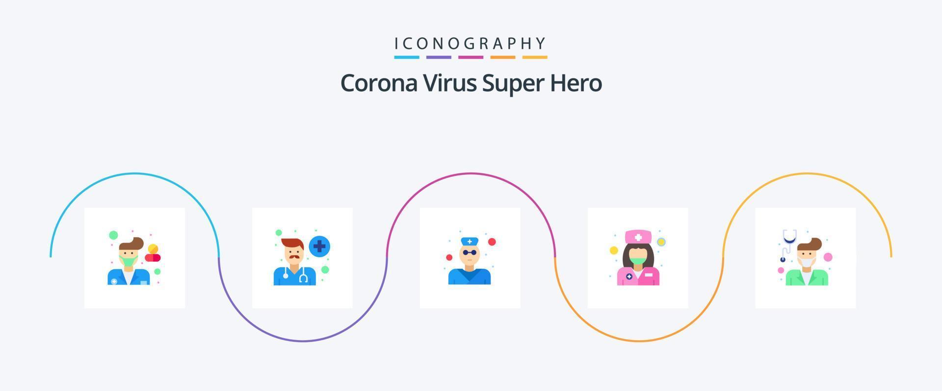 Corona-Virus Superheld Flat 5 Icon Pack inklusive Männchen. Krankenschwester. Senior. Mädchen. Stethoskop vektor