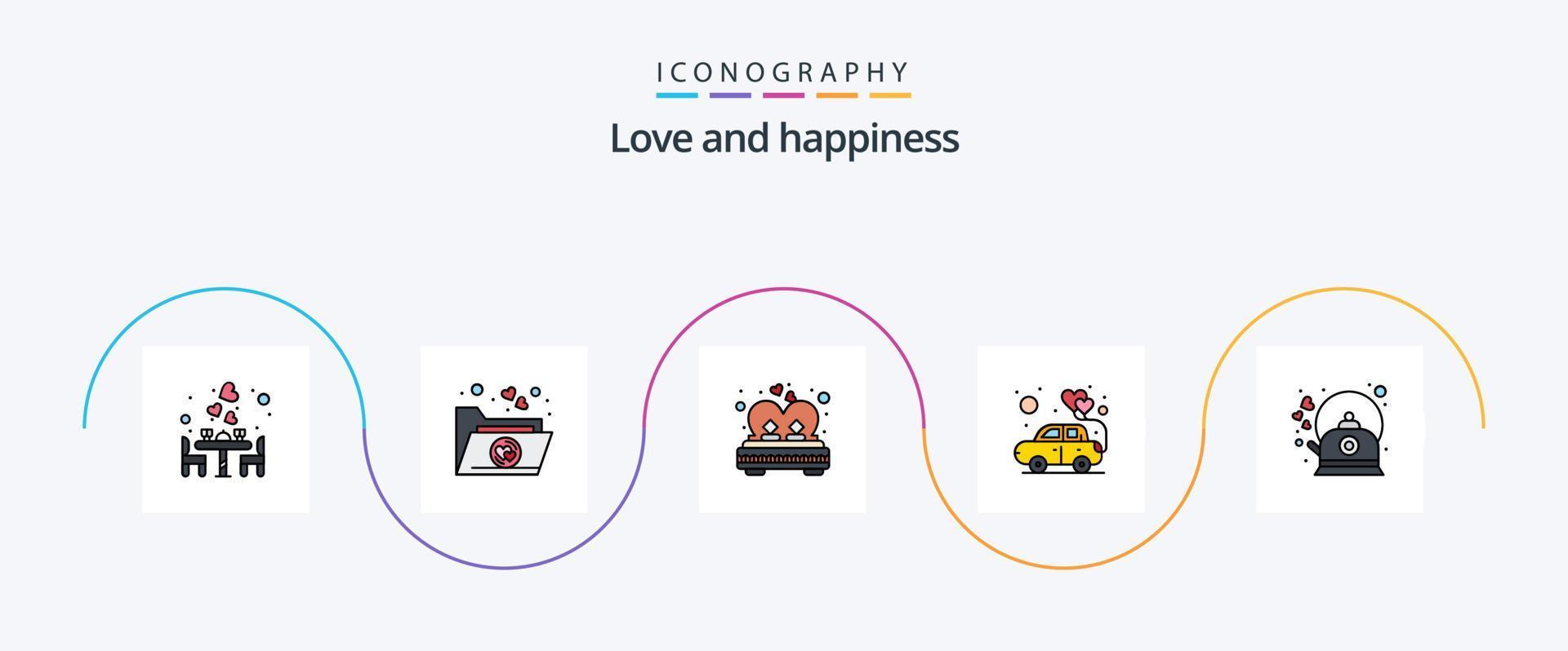 kärlek linje fylld platt 5 ikon packa Inklusive brygga. kärlek. säng. hjärta. roman vektor
