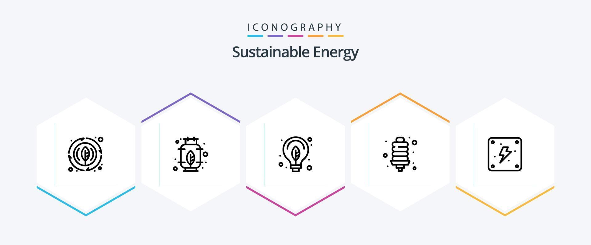 nachhaltige Energie 25-Zeilen-Icon-Pack inklusive Strom. Elektrizität. Grün. Energie. Energiebirne vektor