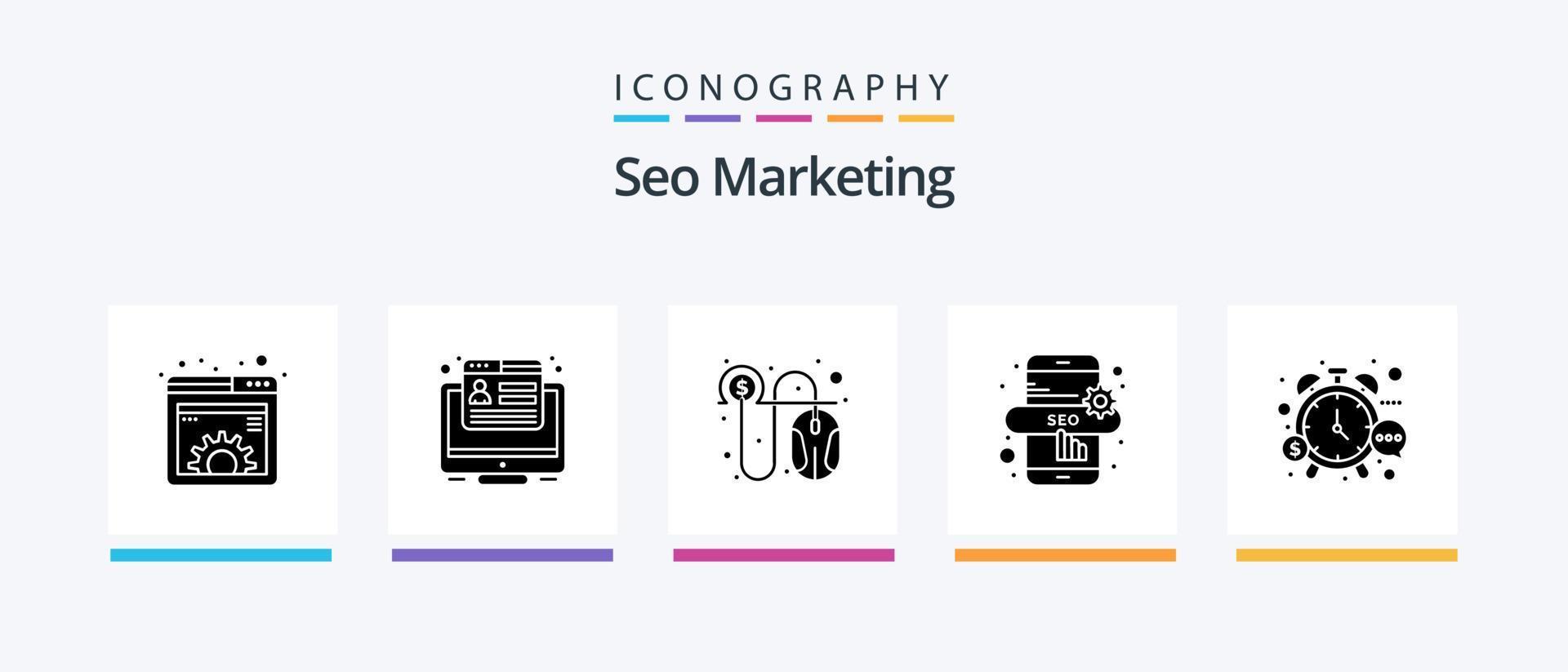 seo marknadsföring glyf 5 ikon packa Inklusive sluta. förvaltning. webb. seo uppkopplad. kontanter. kreativ ikoner design vektor