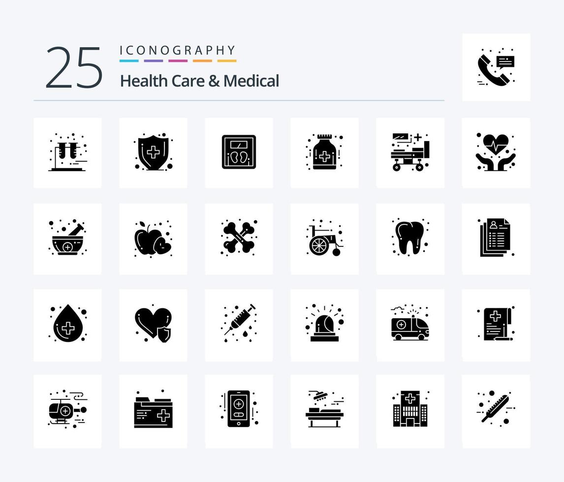 Gesundheitswesen und Medizin 25 solides Glyphen-Icon-Pack einschließlich Patientenbett. Krankenhaus. Gewicht. Bett. Gesundheit vektor
