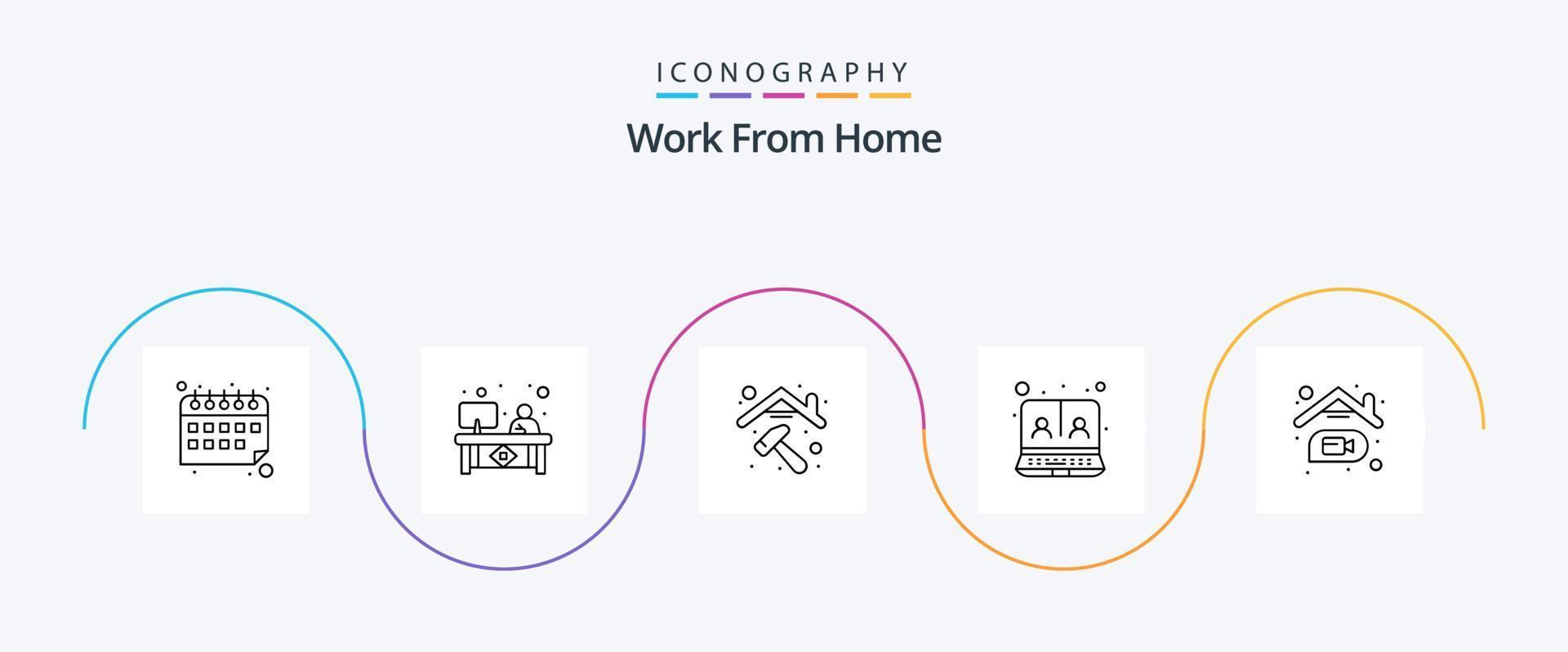 Arbeit von zu Hause aus Line 5 Icon Pack inklusive Zuhause. Videokonferenz. Monitor. online. Kommunikation vektor