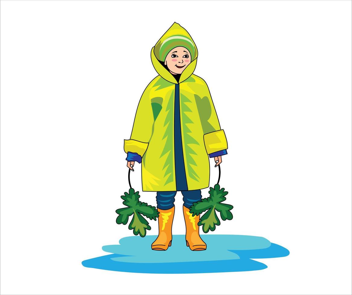liten litet barn pojke i en regnkappa och sudd stövlar vektor illustration