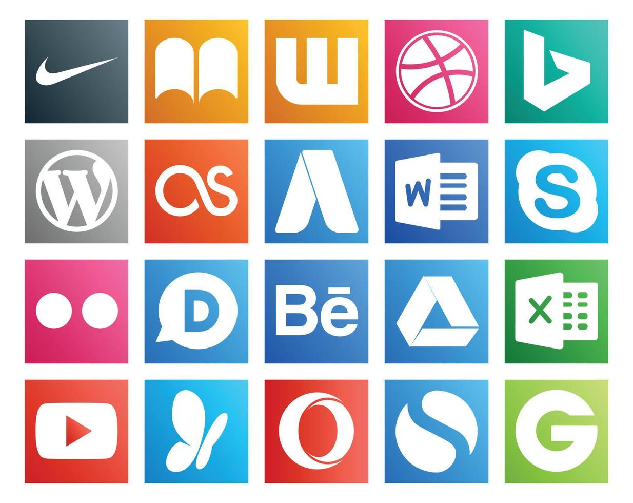 20 Symbolpakete für soziale Medien, einschließlich YouTube, Google Drive, AdWords, Behance, Flickr vektor